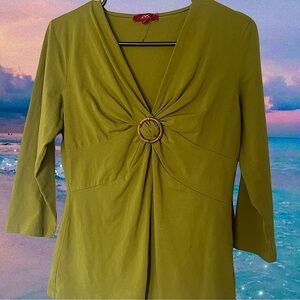Anne Klein sport top bamboo wooden oring Rutched Vneck green soft buttery soft